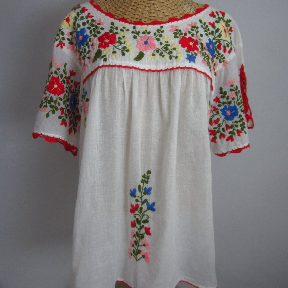 CJ Laing Womens Medium SS Floral Embroidered Crochet Shirt White Red Yellow Boho